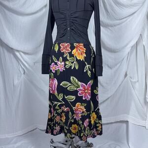 Vintage Indie Boho Fairy Chico's Design Floral Black Midi Skirt (2)